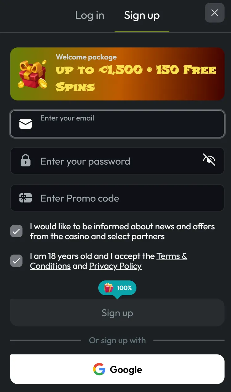Login MakiSpin Casino scherm met Sign up, e-mail, wachtwoord en promo code